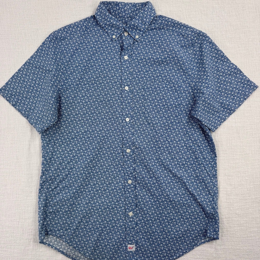 Vineyard Vines Mens M‎ Blue Floral Short Sleeve Button Down Shirt Stretch Cotton